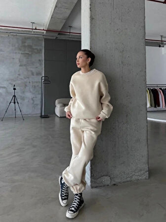 3 iplik şardonlu Lastik paça eşofman bej p510439