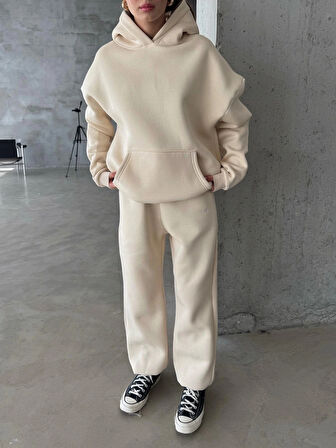 3 iplik şardonlu Lastik paça eşofman bej p510439