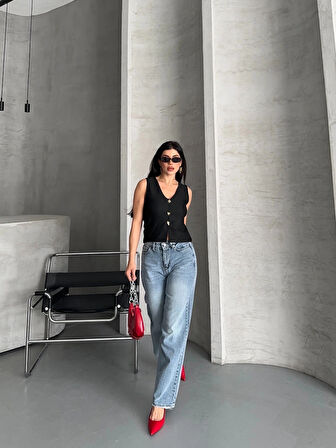 Palazzo straight kar yıkama jeans pantolon mavi d2008