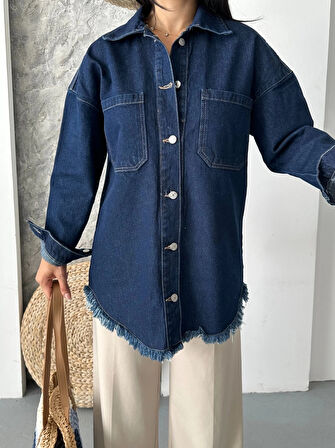 Cepli püsküllü kar yıkama kot ceket koyu mavi d2515