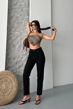 Mom fit enzim taş yıkama jeans pantolon siyah d2006