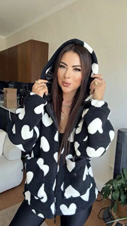 Kalpli peluş ceket içi astarlı siyahbeyaz