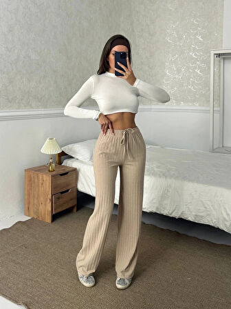 Fitilli şardonlu pantolon bej a4058