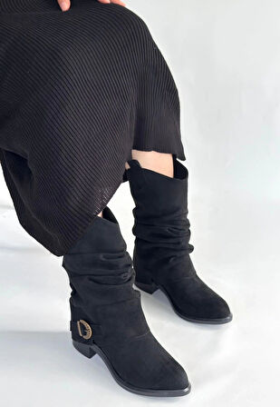 Canty Siyah Süet Körüklü Topuklu Çizme