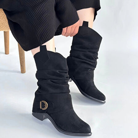 Canty Siyah Süet Körüklü Topuklu Çizme