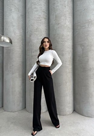 Cırtlı pantolon krep siyah pt