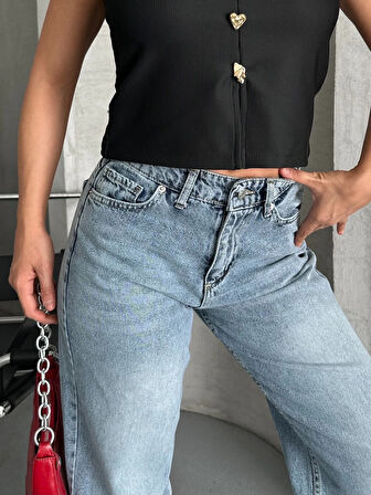 Palazzo straight kar yıkama jeans pantolon mavi d2008