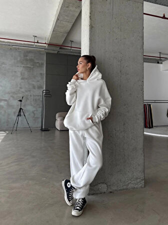 3 iplik şardonlu Lastik paça eşofman beyaz p510439