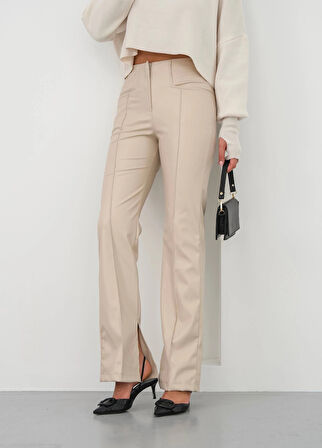 İspanyol yırtmaçlı paça deri pantolon bej hn