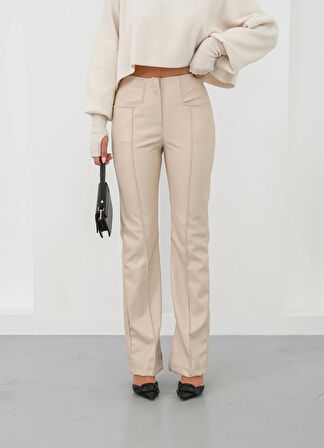 İspanyol yırtmaçlı paça deri pantolon bej hn