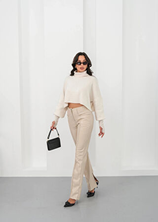 İspanyol yırtmaçlı paça deri pantolon bej hn