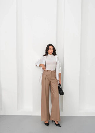 Deri geniş paça beli lastikli pantolon bej h263644