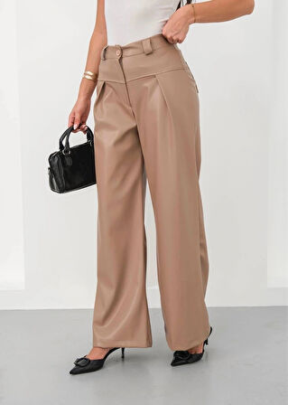 Deri geniş paça beli lastikli pantolon bej h263644