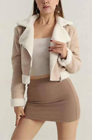 İçi kürklü dışı süet kısa kaban bej t1186