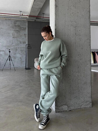 3 iplik şardonlu Lastik paça eşofman mint p510439