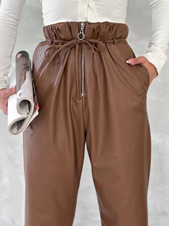 Kendinden ince kemerli deri pantolon kahve t1178