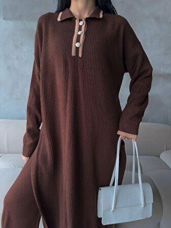 Pantolon yırtmaçlı elbise ikili triko takım kahve elf