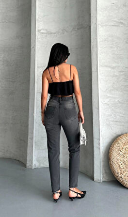 Mom fit enzim taş yıkama jeans pantolon füme d2006