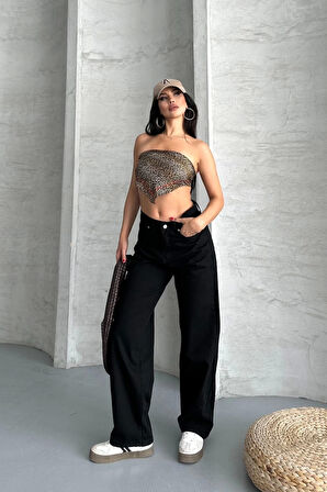 Palazzo straight enzim süper taş yıkama jeans pantolon siyah d2008