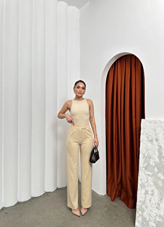 Cırtlı pantolon krep bej pt