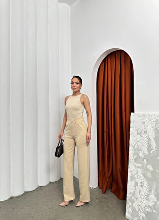 Cırtlı pantolon krep bej pt