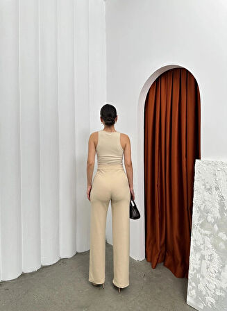 Cırtlı pantolon krep bej pt