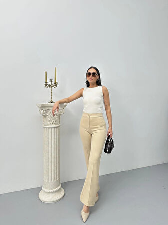Düğmeli Palazzo pantolon bej p170091