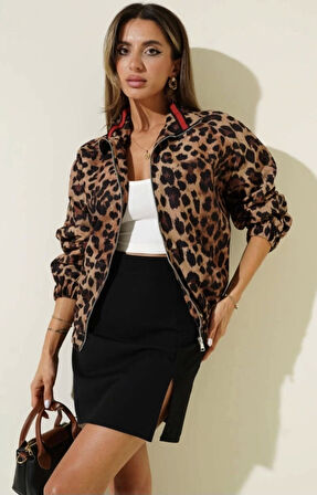 Leopar desenli astarlı ceket siyah t1192