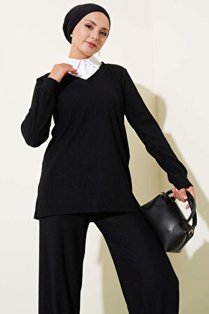 Gömlek Yaka Fitilli Salaş İkili Takım siyah T4300
