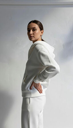 3 iplik şardonlu kapşonlu hoodie frm beyaz p510437