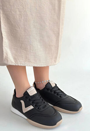 Jowen Siyah Cilt Bej Detaylı Bağcıklı Spor Ayakkabı
