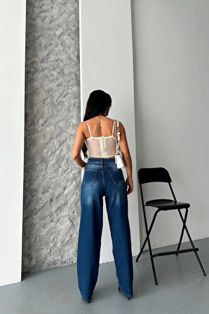 Baggy süper taş bıyık yıkama koyu mavi jeans pantolon d2007