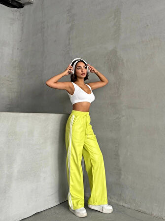 Şeritli deri pantolon yeşil h26430