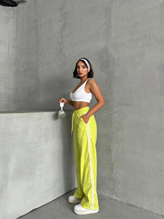 Şeritli deri pantolon yeşil h26430