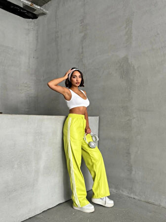 Şeritli deri pantolon yeşil h26430