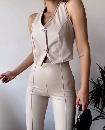 İki düğmeli deri yelek krem s243001