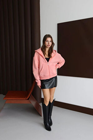 3 iplik şardonlu kapşonlu hoodie frm somon p510437