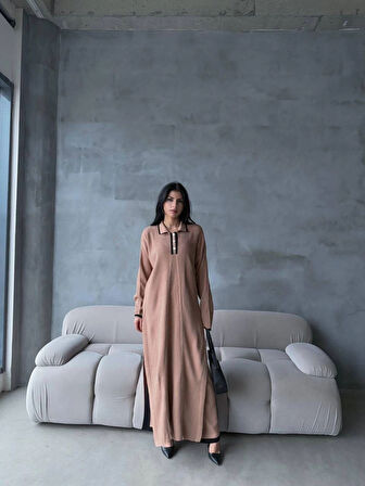 Pantolon yırtmaçlı elbise ikili triko takım vizon elf