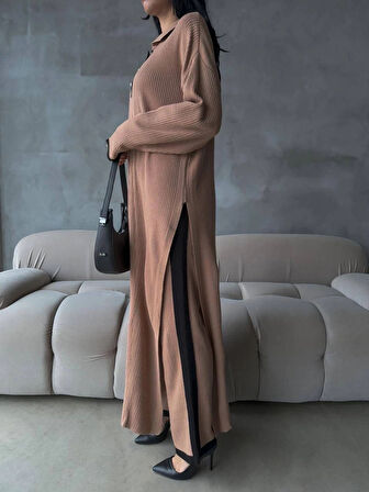 Pantolon yırtmaçlı elbise ikili triko takım vizon elf