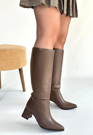 Roksa Acı Kahvei Cilt Topuklu Çizme