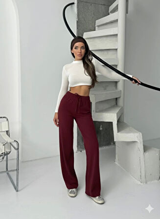 Fitilli şardonlu pantolon bordo a4058