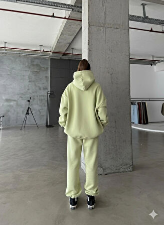 3 iplik şardonlu kapşonlu sweatshirt mint p510436