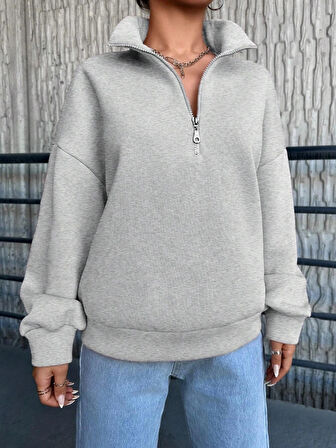 3 iplik Şardonlu yarım fermuarlı sweatshirt gri