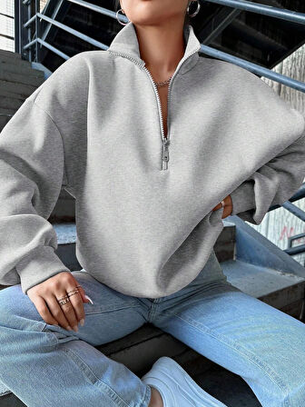 3 iplik Şardonlu yarım fermuarlı sweatshirt gri