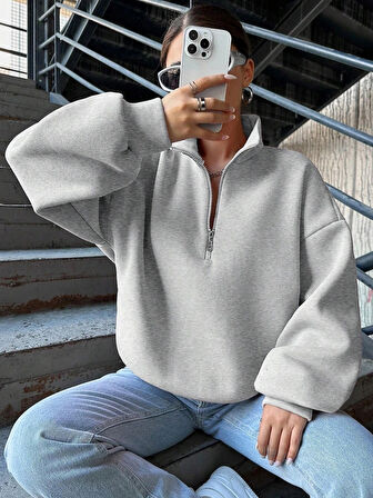 3 iplik Şardonlu yarım fermuarlı sweatshirt gri