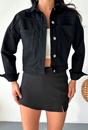 Çift cepli kol katlamalı süper taş enzim yıkamalı crop kot ceket siyah  d2000