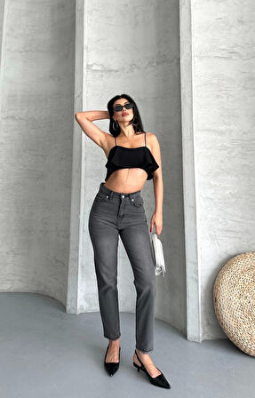 Mom fit enzim taş yıkama jeans pantolon füme d2006