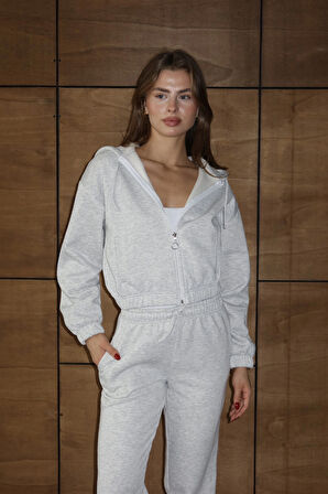 3 iplik şardonlu Kapşonlu fermuarlı kısa üst gri pat8590