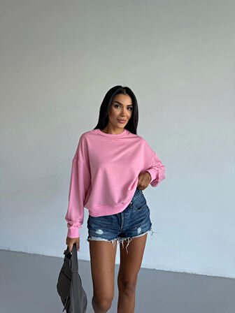 2 iplik bisiklet yaka sweat pembe f2339