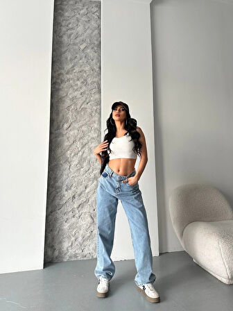 Baggy kar yıkama orta mavi jeans pantolon d2007